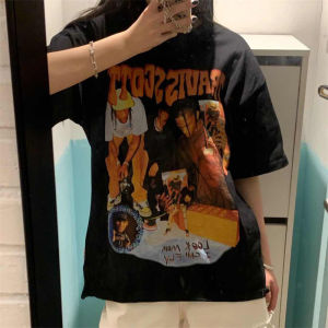 เสื้อยืดคอกลมแขนสั้นทรงหลวมผ้าฝ้ายแท้ สไตล์ย้อนยุคอเมริกัน สีดำ แฟชั่นฤดูร้อน ใส่สบาย ลำลอง เสื้อเชิ้ต