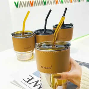 COD 420ML Glass cup with straw Coffee cup tumbler anti-scalding leather case with lid Cup