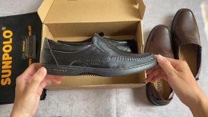 Giày mọi nam da bò SUNPOLO LS4016 (Đen Nâu)