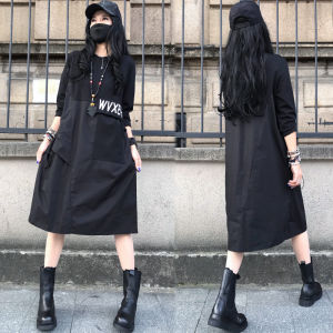 Fashionable Patchwork Loose Letter Casual Midi Dress Knee-Length Overalls Slimming Skirts Commute High Waist A-Line Dress