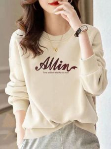 Big Sale Leak-Picking Big Brand Womens Clothing Pure Cotton round Neck Sweatshirt Fall and Winter Stylish Small Fleece-lined Thickening Print Outwear