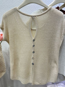 Shalldoer | Elegant Solid Color Round Neck Hollow Knitted Vest Womens New Summer Back Button Split Top Comfortable Breathable Short Sleeve