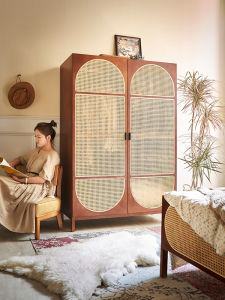 Scandinavian Vintage Wardrobe Rattan Solid Wood Bed & Breakfast Small Apartment Integrated Wall Clothes Closet Locker Ash Wood Wardrobe