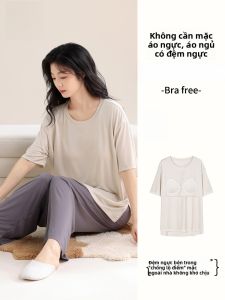 MiiOW | Bộ đồ ngủ lụa băng mùa hè cho nữ Áo chui đầu cổ tròn tay ngắn Quần dài rộng rãi Thiết kế chống bó sát Mẫu mới 2024