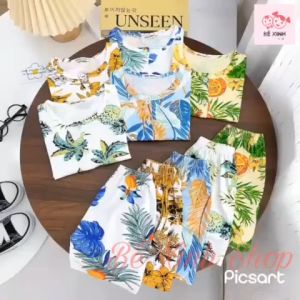 Set Đồ Đi Biển Cộc Tay Cho Bé Trai Bé Gái Quần Áo Du Lịch Biển Cho Bé Trai Gái Thun Lạnh 8-30kg Bé_Xinh_Shop CỘC TRÁI LA