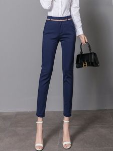 Slim Fit Korean Style Womens Casual Thin Suit Pants Long Trousers Cotton Blend Fabric mid Waist Zipper Pocket Business Pants
