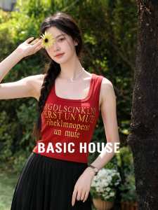 Basic House | Red Square-neck Letter Printed Tank Top For Female Summer