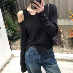 Shalldoer | Chic Shoulder Bared Long Sleeve Womens Set Casual Chic Denim Long Pants Two Piece Suit Autumn New Style Lightweight Polyester