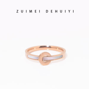 Korean Japanese Style Titanium Steel Ring Womens Letter round Natural White Shell Rose Gold Ring Fashionable Minimalist Ring