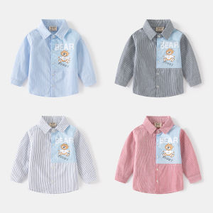 Spring and Autumn Boys Striped Patchwork Long Sleeve Shirt Cotton