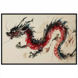 Tranh thủy mặc rồng đỏ phongt hủy. Tranh treo tường dán tường sơn dầu canvas trang trí. CGI-2040