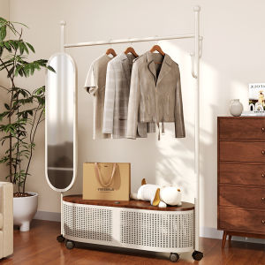 Bedroom Floor Standing Clothes Rack Integrated Hanging Coat Stand Mobile Clothing Storage Organizer Cream Style Iron Material