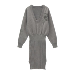 MAMC | Đầm Sweater Cổ U Phong Cách Học Đường Đính Hợp Màu Xám