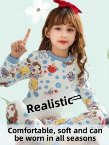 Girls Cotton Pajamas Long Sleeve Cartoon Print Home Clothes Autumn Style Childrens Sleepwear Sweet Style round Neck Suit