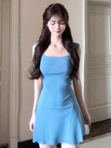 YUEZHONGWEI | Blue U-neck Knitted Strap Dress Slimming A-line