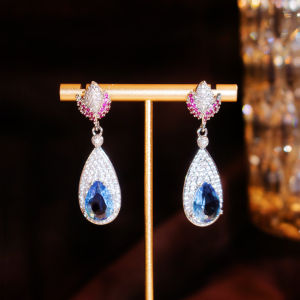 SEQUITO Fashion Tulip Flower Shape Teardrop Pendant Pave Sky Blue AAAAA Cubic Zircon Silver Plated Long Drop Earrings Evening Dresses Accessories SE1053