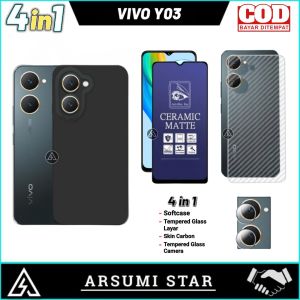 PROMO PAKET 4 IN 1 CASE VIVO Y03 SOFTCASE SLIM BLACK MATTE LIQUIT + ANTI GORES CERAMIC MATTE ANTI SPY + SKIN CAMERA LENS + GARSKIN CARBON 3D