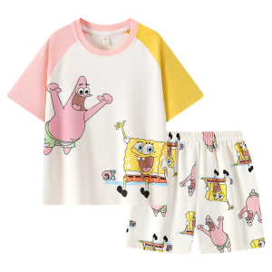 Miiow | Pure Cotton Summer Lightweight Childrens Sleepwear Set Catman Boys Home Clothes Short Sleeve Round Neck Sweat Absorbent Breathable