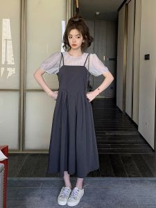 French Vintage Strap Dress Set Womens Slimming College Style Long Dress Two-Piece Summer New Arrival A-Line Midi Skirt