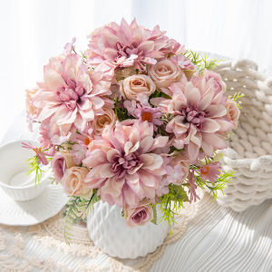 Artificial Rose Silk Dahlia Hydrangea Vase Flower Yard Party Wedding Bridal Bouquet Home Room Table Vase Ornament DIY Decor Gift