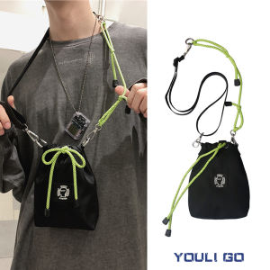 Crosstrainer Anti-Theft Lockable Mens Shoulder Bag Oxford Cloth Drawstring Closure Small Mobile Phone Bag Bucket Shape Leisure