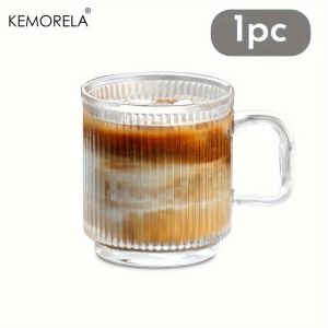 KEMORELA 1/2PCS Vertical Grain Glass Coffee Cup 350ML Water Cup With Handle Suitable Iced Coffee Juice Cup Valentines Day Gifts