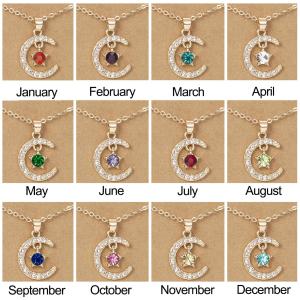 Fashion Personality Birthstone Moon Star Crystal Pendant Necklace for Women Clavicle Chain Choker Birthday Party Jewelry Gift
