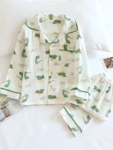 Pure Cotton Spring Summer Thin Collar Childrens Dinosaur Sleepwear Set Breathable Long Sleeve Home Clothes for Boys