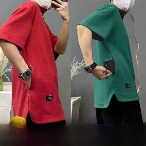 New 2025 Mens Hidden Pocket T-Shirt Summer Trend Loose Sleeveless Five-Sleeve Base Shirt American Casual round Neck Pure Color