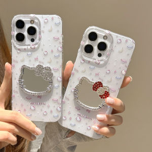 Sanrio | Kawaii Hello Kitty Diamond Makeup Mirror Phone Case For iPhone 17 16 15 14 13 12 11 Pro Max Plus Shockproof INS Girl Phone Cover