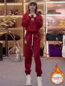 2025 Snake Year Lucky Year Fleece Lined Casual Sportswear Set Women Winter Anti Aging Slimming Fashionable Hoodie Sweatshirt