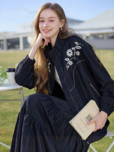 XIANGYING | Retro Colorblock Embroidered Baseball Jacket Women