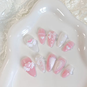 10PCS hand pressed almond shaped nails beautiful fake nails sweet heart nail art pink angel suitable for women to use