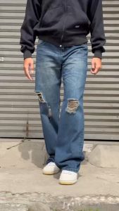 Luminous Celana Panjang Jeans Denim Baggy Gombrang Sobek Tembus Pria Wanita Simple Skena