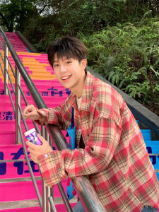 Spring & Fall Brushed Pink Gingham Shirt Long Sleeves Boys Washed Destroyed Burrs Preppy Style Tassels Shirt Coat Men