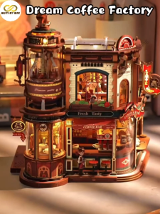 Robotime ROKR Dream Coffee Factory Music Box Wooden 3D Puzzle EAB02 Gift Present Birthday Valentines