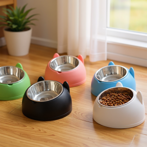 1pc Elevated Stainless Steel Cat Bowl Inclined Food & Water Dish with Cute Ear Stand Neck Protection Design for Cats