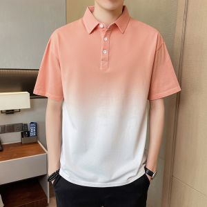 ROMON | Lormen Mens Ice Silk Short Sleeve T-Shirt Summer Thin Gradient Color Business Casual With Collar Polo Shirt Fashionable Urban Style
