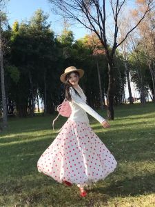 Váy Chữ a Dài Xếp Ly Họa Tiết Chấm Bi Màu Đỏ Kiểu Pháp Cho Nữ Mùa Hè Váy Dài Rộng Rãi Váy Xếp Ly Kiểu Bong Bóng Ngọt Ngào