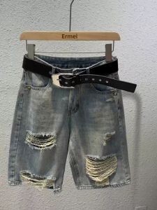 High Waist Straight Leg Denim Shorts Womens Summer New American Retro Loose Casual Hole Punch Shorts Cool Feeling Jeans