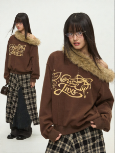 JNXS | Thermal Comfort Mamba Cotton Fur Collar Asymmetric Loose Womens Fall Sweatshirt