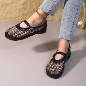 รองเท้าส้นแบนลำลองสำหรับผู้หญิงในฤดูร้อน: หัวกลม สายรัดแบบตรง รองเท้าแมรี่เจนแบบโปร่ง และรองเท้าสลิปออนแบบตาข่าย