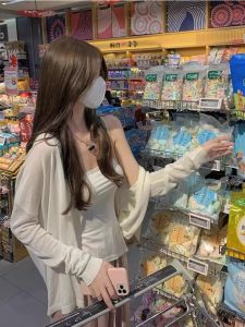 White Ice Silk Sun Protection Knitwear Cardigan Open Shawl Summer Outerwear for Women with Suspender Skirt Air Conditioner Cover Thin Section