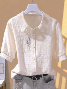 เสื้อเชิ้ตผ้าชีฟองแขนสั้นคอโปโลสไตล์ญี่ปุ่นฤดูร้อนปี 2025 สำหรับผู้หญิง เสื้อเชิ้ตผ้าโพลีเอสเตอร์ทรงตรง ปกติ