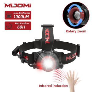 Mijomi Headlight Wave Motion Sensor HP20 Type-C Rechargeable headlamp1000Lm Focus Zoomable HeadLamp with 100m Beam DistanceIPX4 waterproof Flashlight for High‑voltage Maintenance Mine Tunnel