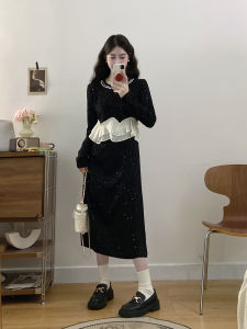 plus Size Elegant French Style Black Dress Womens Autumn Winter Slimming Waist Design Splice Long Dress High Waist A-Line Skirt