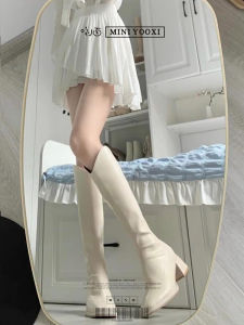 รองเท้าบูทส้นสูงหุ้มข้อผู้หญิง ทรงหัวเหลี่ยม วัสดุหนัง สไตล์ฤดูใบไม้ร่วง/ฤดูหนาว รองเท้าบูทแฟชั่นสีขาว