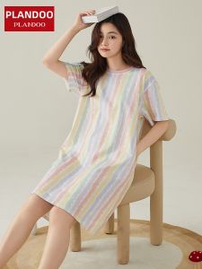 Plandoo Womens Summer Sleepwear Short Sleeve Pure Cotton Casual Home Clothes Comfortable Breathable Mid-Length Dress