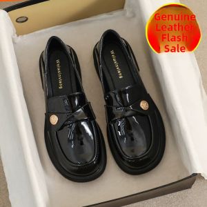 Soft Bottom Genuine Leather Gold Coin Loafers Womens Spring Style British Style Black Leather Shoes Fashionable Casual Flats