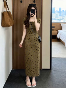 NIUVIES | French Style Love Heart Print Brown Short Sleeve Slim Fitting Pencil Dress